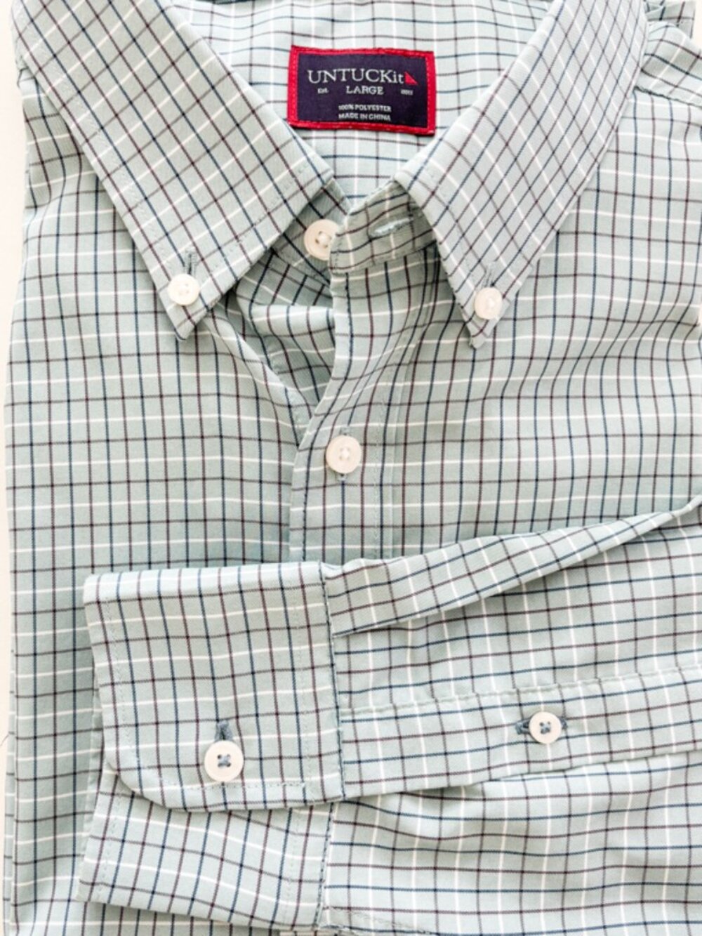 UNTUCKit Men's Shirt Large Button Down Mint Green Plaid Long Sleeve